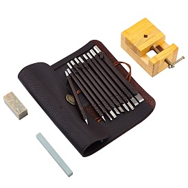 Wood Chisels Knife Set, Tungsten Steel Wood Carving Tool, for Stone Seal Graver, with PU Leather Bag, Wooden Fixator, Rectangle Oilstone, Rectangle Praticing Stone