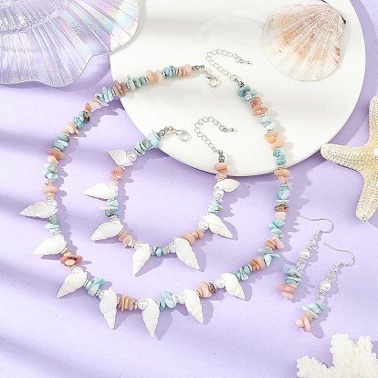 Natural Morganite & Larimar Chips Beads & Natural Spiral Shell Necklaces & Dangle Earring & Bracelets Sets, with 304 Stainless Steel Earring Hooks