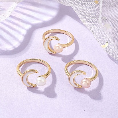 3шт. 3 цвета луна латунная манжета открытые кольца, с натуральными культивированными пресноводными жемчужными бусинами высшего сорта 3а, реальный 18 k позолоченный