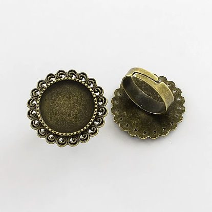 Adjustable Iron Flower Finger Ring Components Alloy Cabochon Bezel Settings, Cadmium Free & Lead Free, 17x5mm, Flat Round Tray: 18mm