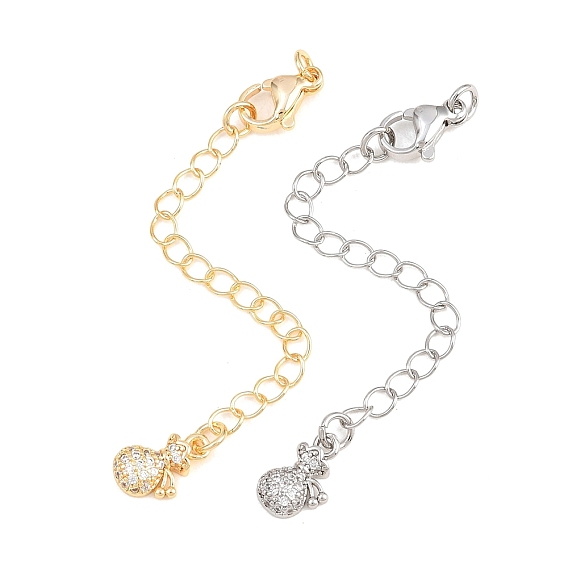 Brass Curb Chain Extender, End Chains with Lobster Claw Clasps and Cubic Zirconia Charms, Money Bag