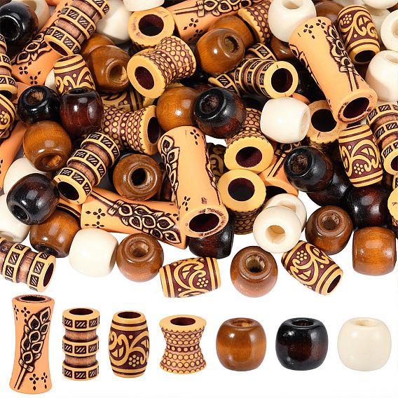 100Pcs 7 Styles Plastic and Wood Beads, Imitation Wood, Large Hole, Mixed Shapes