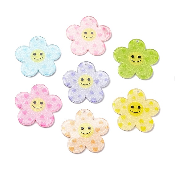Акриловые подвески, с блеском порошок, цветок с улыбающимся лицом