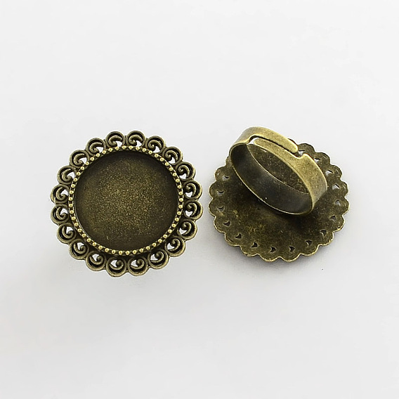 Adjustable Iron Flower Finger Ring Components Alloy Cabochon Bezel Settings, Cadmium Free & Lead Free, 17x5mm, Flat Round Tray: 18mm