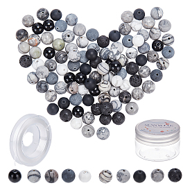 Sunnyclue 100 pcs perles rondes de pierres précieuses synthétiques et naturelles pour des kits de fabrication de bracelets extensibles bricolage, avec 1rouler le fil élastique de perles extensible fort