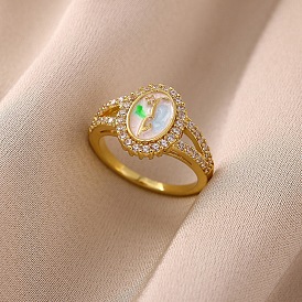 Кольца для женщин с микропаве из латуни и кубическими цирконами, овальные, с эмалью