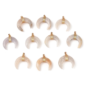 Natural White Agate Copper Wire Wrapped Pendants, Horn Charms with Iron Snap on Bails