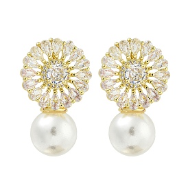 Rack Plating Brass Micro Pave Clear Cubic Zirconia Stud Earrings, with Plastic Pearl, Flower