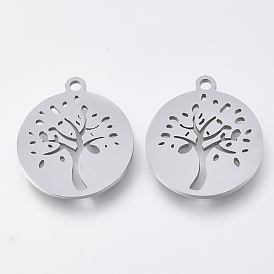 201 Stainless Steel Pendants, Laser Cut Pendants, Flat Round with Tree