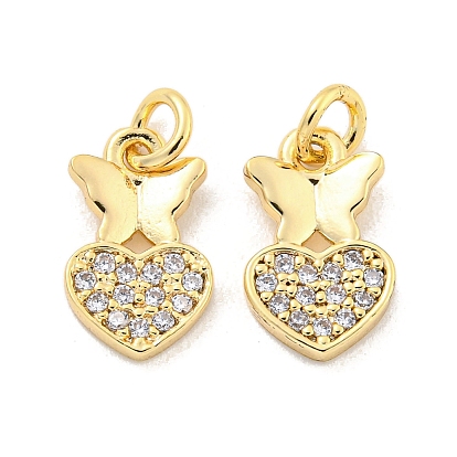 Brass Micro Pave Clear Cubic Zirconia Charms, Cadmium Free & Nickel Free & Lead Free, Heart and Butterfly