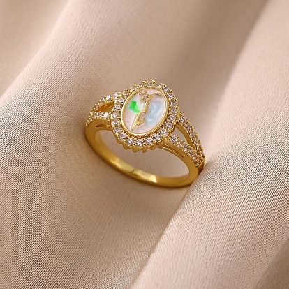 Кольца для женщин с микропаве из латуни и кубическими цирконами, овальные, с эмалью