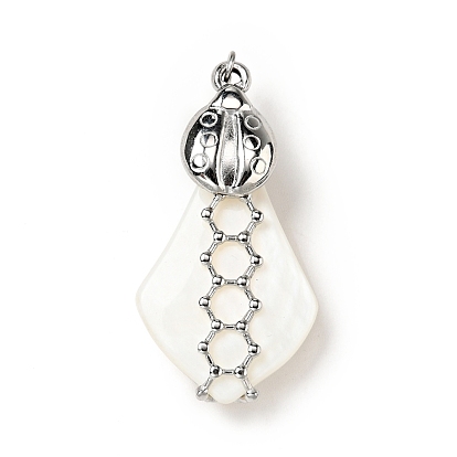 Natural White Shell Pendants, Teardrop Charm, with Stainless Steel Color Plated 304 Stainless Steel Ladybug Findings and Jump Ring