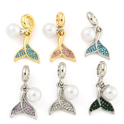 Breloques européennes en forme de queue de poisson, en alliage de placage en rack, pavé de strass, Pendentifs grand trou, avec abs en plastique imitation perle, sans cadmium et sans nickel et sans plomb