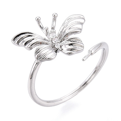 Оправы для колец-манжет в форме бабочки из латуни с микропаве из прозрачного кубического циркония, за половину пробурено бисера