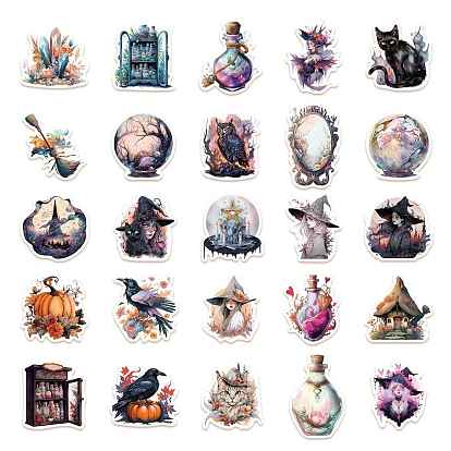 50Pcs Halloween Witch Theme PVC Self-adhesive Cartoon Stickers, Waterproof Decals for Suitcase, Skateboard, Refrigerator, Helmet, Mobile Phone Shell