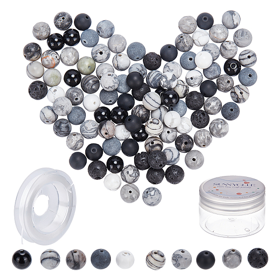 100Pcs Synthetic & Natural Gemstone Round Beads for DIY Stretch Bracelets Making Kits, with 1Roll Strong Stretchy Beading Elastic Thread