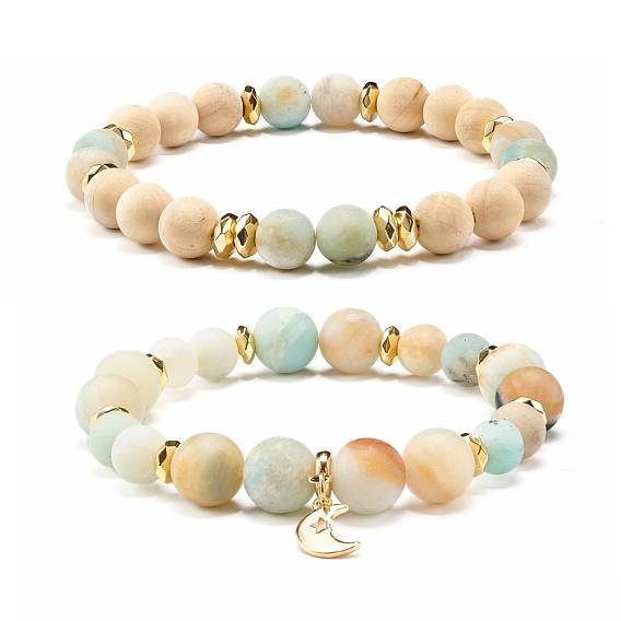 Frosted Natural Flower Amazonite Beads Stretch Bracelets, with Synthetic Hematite Beads & Moon Charms