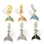 Breloques européennes en forme de queue de poisson, en alliage de placage en rack, pavé de strass, Pendentifs grand trou, avec abs en plastique imitation perle, sans cadmium et sans nickel et sans plomb