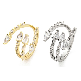Brass Micro Pave Cubic Zirconia Cuff Rings, Teardrop Open Rings for Women, Long-Lasting Plated