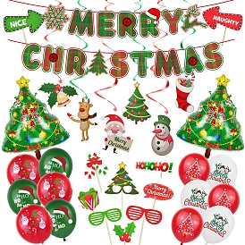 Christmas Theme Party Decoration Kit, Including Banner Flag, Hanging Swirl, Balloon, Photo Props for Party Background Decoration