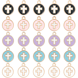 50 шт 5 цвета позолоченные подвески из сплава с эмалью, плоские круглые с крестом