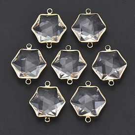 Glass Links Connectors, with Light Gold Plated Brass Edge, Faceted, Hexagon