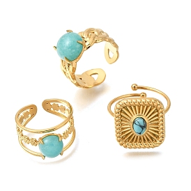 304 Stainless Steel Cuff Open Rings, Round/Square/Flower, with Turquoise