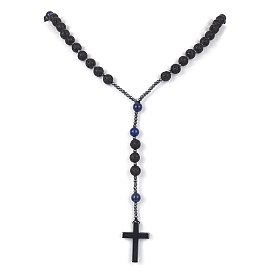 Natural Mixed Stone & Lava Rock & Synthetic Hematite Rosary Bead Necklaces, Cross Pendant Necklace