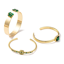Butterfly/Rectangle/Square Brass Pave Green Glass Open Cuff Bangles for Women, Real 18K Gold Plated