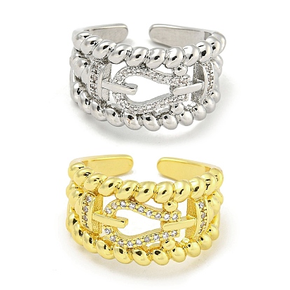 Rack Plating Brass Micro Pave Cubic Zirconia Belt Buckle Open Cuff Rings for Women, Long-Lasting Plated, Cadmium Free & Lead Free