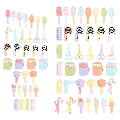 100 pcs 10 estilo cabujones de resina, tijeras y cinta y cepillo y peine y cepillo y rizador de pelo y espejo y taza y secador de pelo
