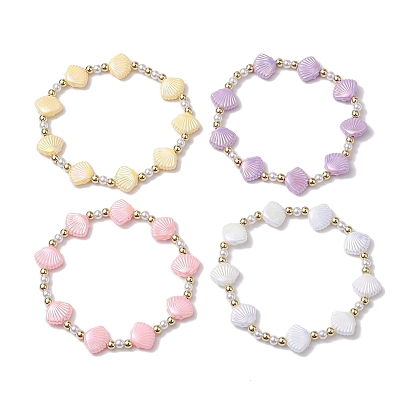 4Pcs 4 Colors Shell Shape Plastic Stretch Bracelets, Summer Beach Stackable Bracelets for Women
