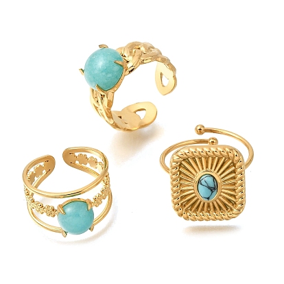 304 Stainless Steel Cuff Open Rings, Round/Square/Flower, with Turquoise