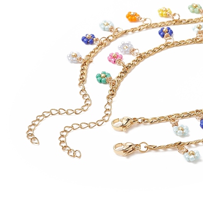 Glass Braided Flower Charm Bracelet & Necklace, Golden 304 Stainless Steel Jewelry Set for Women