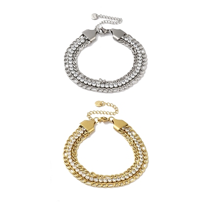 304 Stainless Steel Pave Crystal Rhinestone Multi-Strand Figaro Chain Bracelets for Women