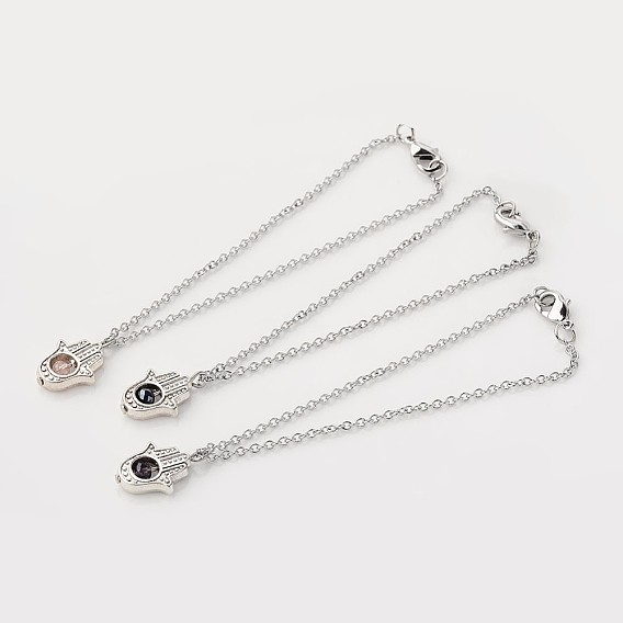 316 браслеты с подвесками из хирургической нержавеющей стали, с тибетскими выводами типа сплава и стеклянные бусины, hamsa рука / рука fatima / рука miriam, 7-1/2 дюйм (190 мм)