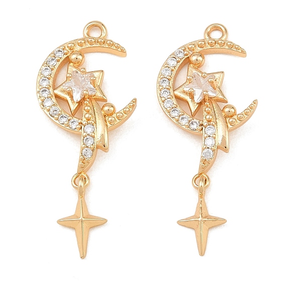 Brass Micro Pave Clear Cubic Zirconia Pendants, Moon with Star Charms