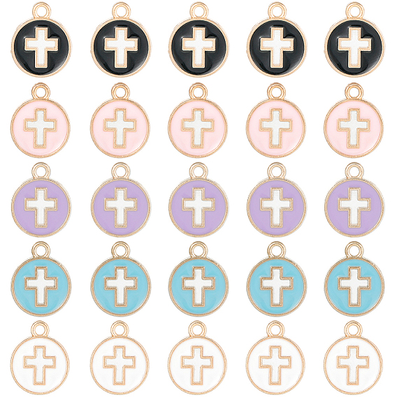 50 шт 5 цвета позолоченные подвески из сплава с эмалью, плоские круглые с крестом