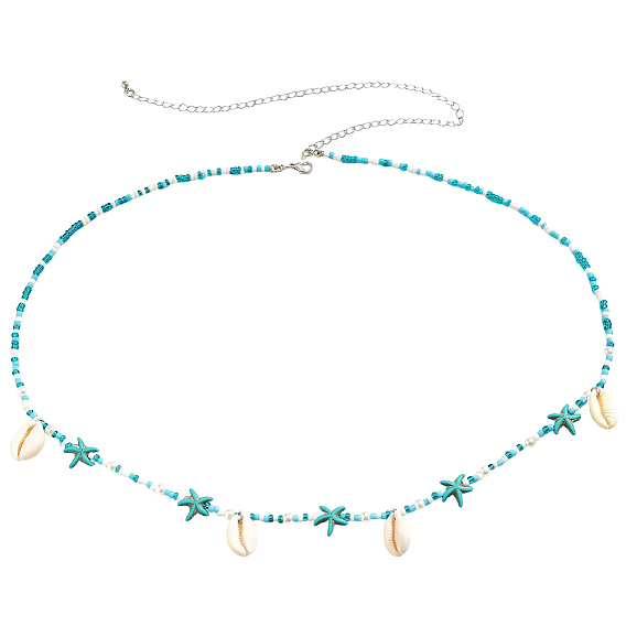 Chaînes de taille bohèmes pour femmes, ornées de coquillages cauris naturels, de turquoise synthétique et de perles de verre., bleu ciel