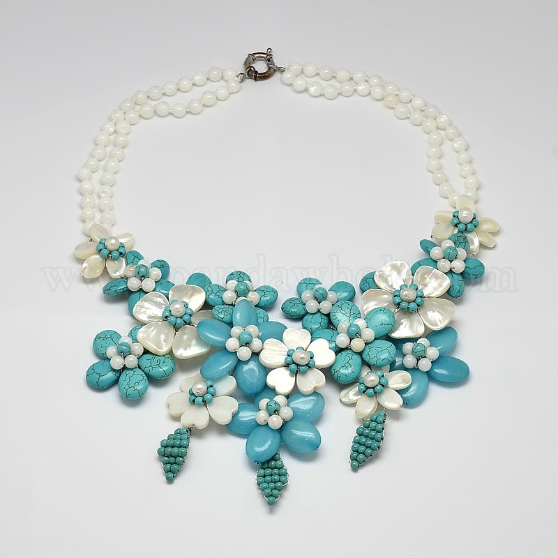 Wholesale Flower Synthetic Turquoise Bib Necklaces, with Shell Beads ...