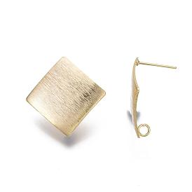 Brass Stud Earring Findings, with Loop, Nickel Free, Textured, Square