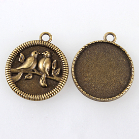 Tibetan Style Alloy Carved Birds Pendant Cabochon Bezel Settings, Cadmium Free & Nickel Free & Lead Free Flat Round Tray: 25mm, 32x28x4mm, Hole: 3mm, about 166pcs/kg
