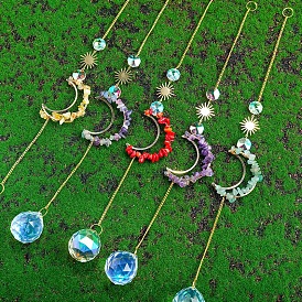Natural Gemstone Chip Moon Pendant Hanging Ornaments, Teardrop Glass Suncatcher with Iron Chain, for Window Home Garden Decoration
