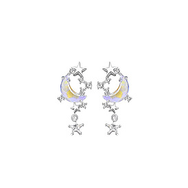 Clear Cubic Zirconia Moon and Star Dangle Stud Earrings with Moonstone, 925 Sterling Silver Jewelry for Women
