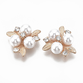 Alloy Cabochons, with Rhinestone and ABS Plastic Imitation Pearl, Flower, Creamy White