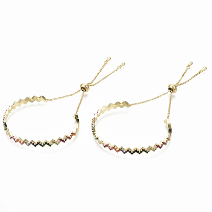 Brass Micro Pave Cubic Zirconia Slider Bracelets, Bolo Bracelets, Nickel Free, Wave, Colorful