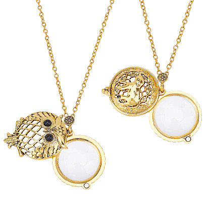 2Pcs 2 Styles Magnifying Glass Magnetic Locket Pendant Necklaces, with Zinc Alloy Cable Chains, Mixed Shapes, Clear