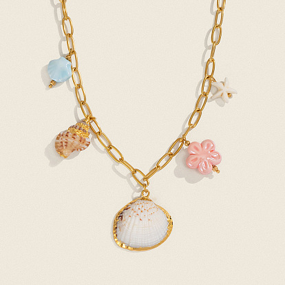 Подвеска-цветок из натуральной европейской ракушки с гальваническим покрытием и керамической ракушки 304 цепочка-скрепка из нержавеющей стали, красочный