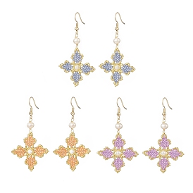 Glass Seed Beaded Cross Fleury Dangle Earrings with Round Shell Pearl, Brass Jewelry for Women