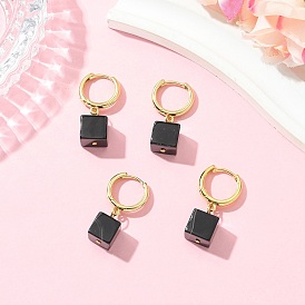Серьги-кольца из натурального полосатого агата (окрашенного и подвергнутого термической обработке)., кубические, с фурнитурой для сережек из латуни и 304 нержавеющей стали, золотые